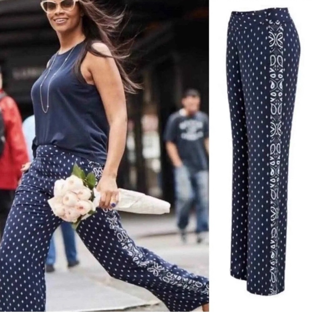 CAbi Women's Track Star Navy White Bandana Print Wide Leg Casual Flowy Pants
